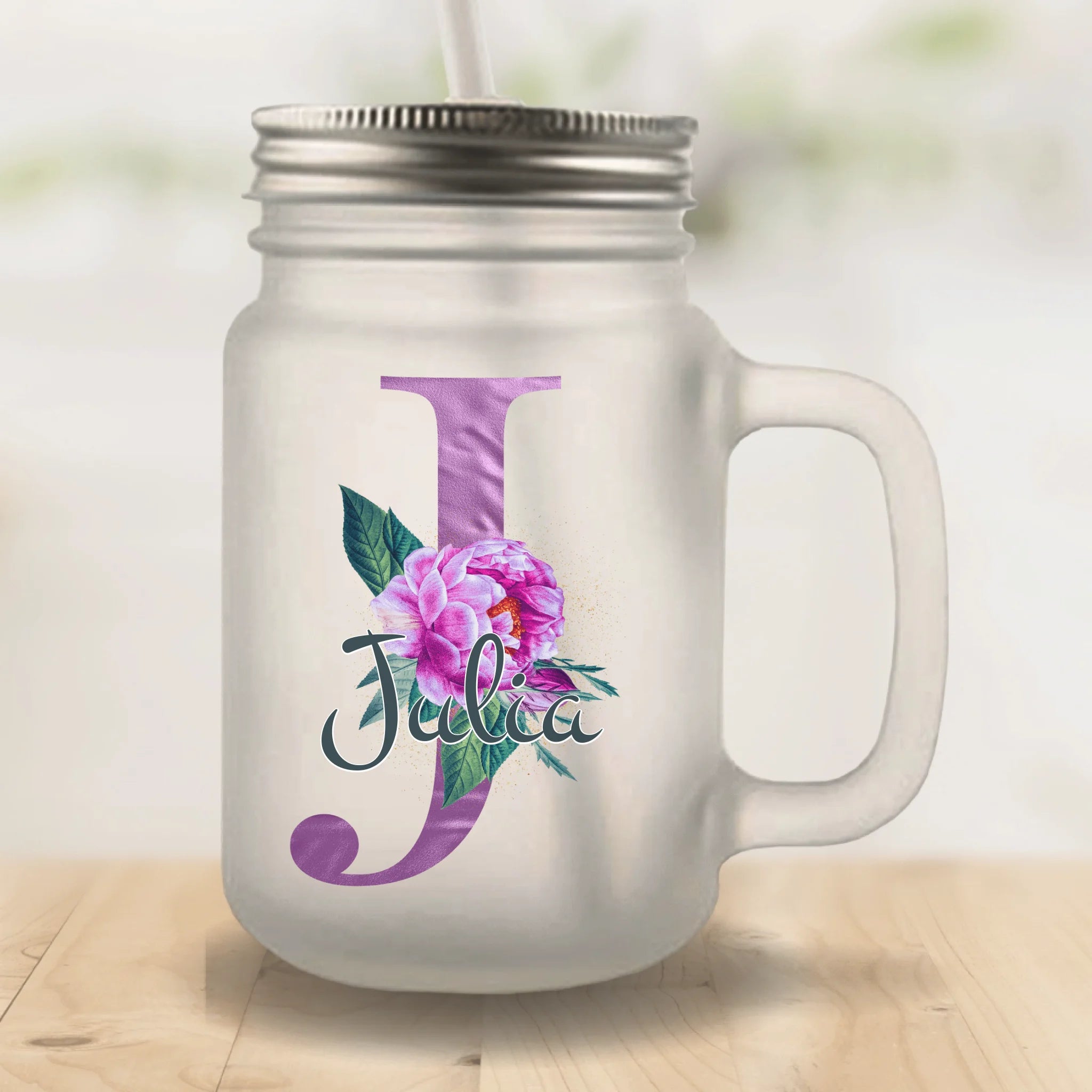 Buchstaben lila (beidseitig) - Personalisierbares Henkelglas (kein Set)