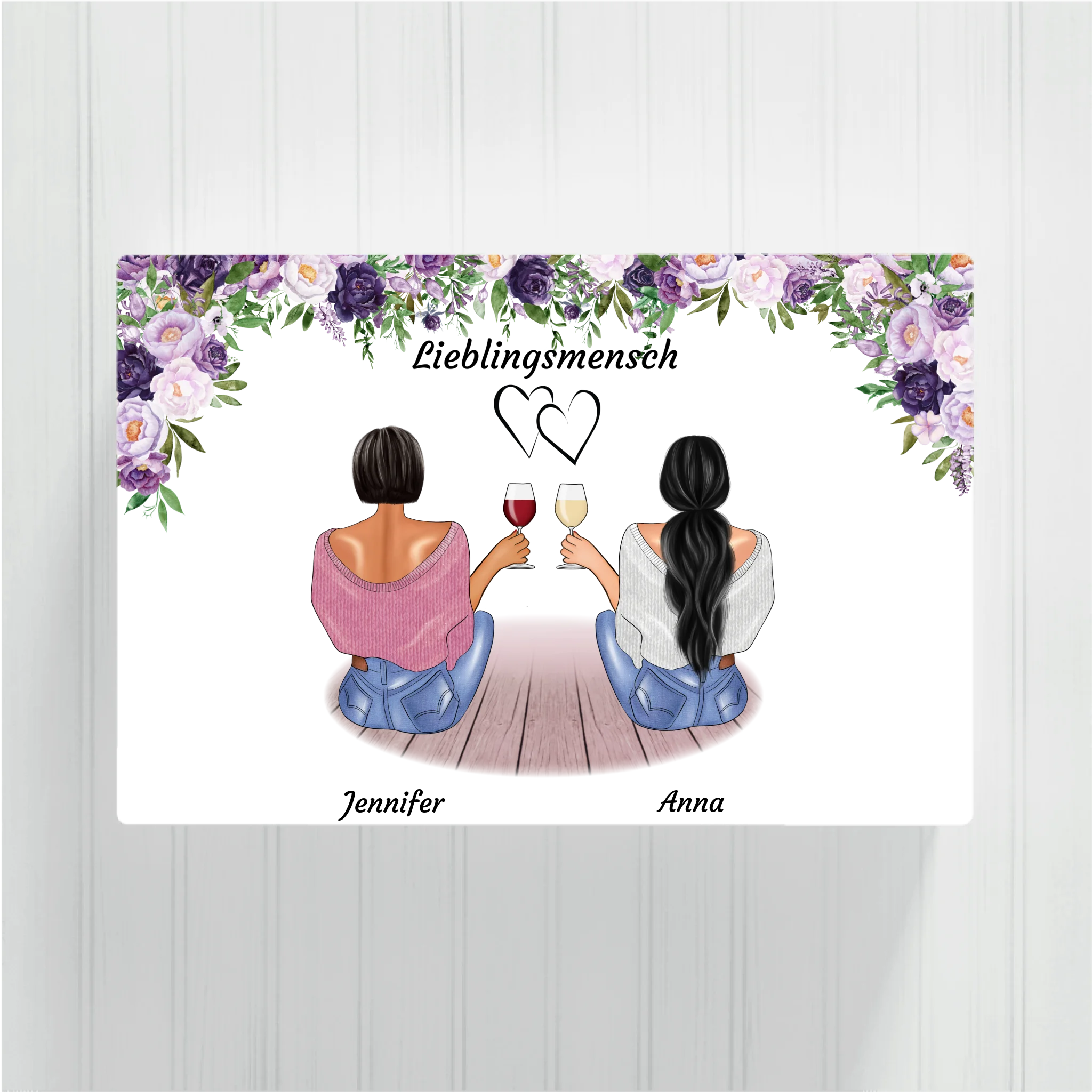 Sitzende Besties lila Blumen - Personalisierbare Leinwand