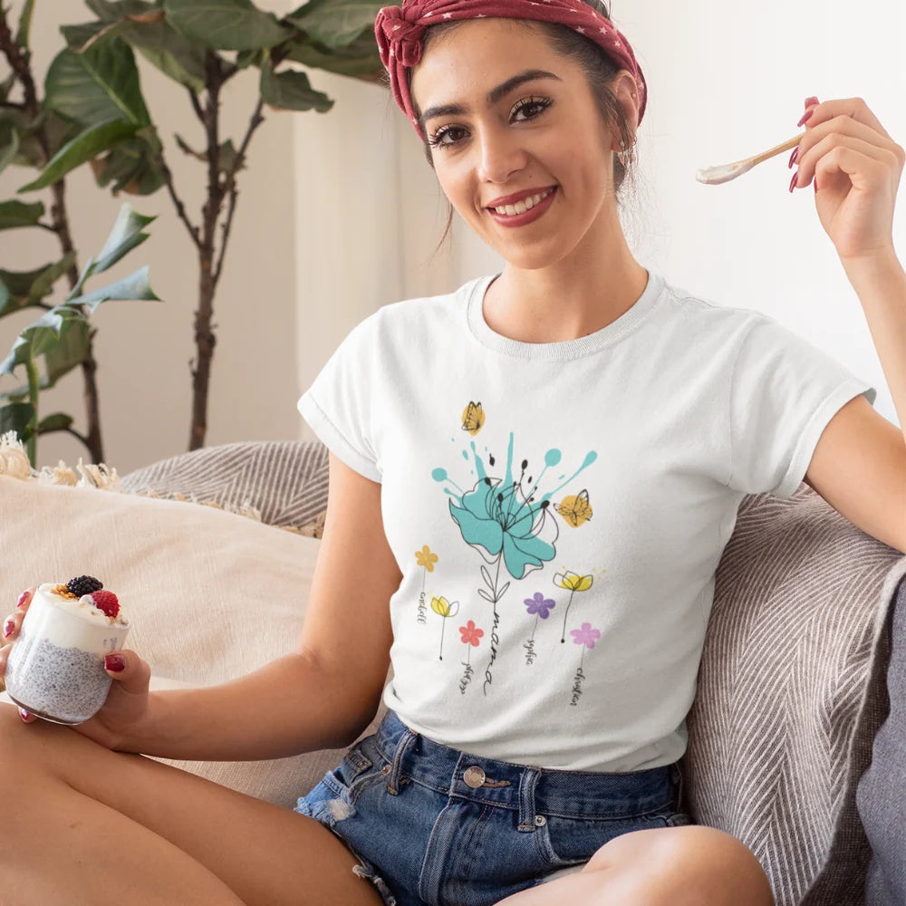 Farbenfrohes buntes Blumen-T-shirt für Mama, Oma, Freundin & Tante perfektes Geschenk zum Geburtstag oder Muttertag - Personalisierbares T-Shirt
