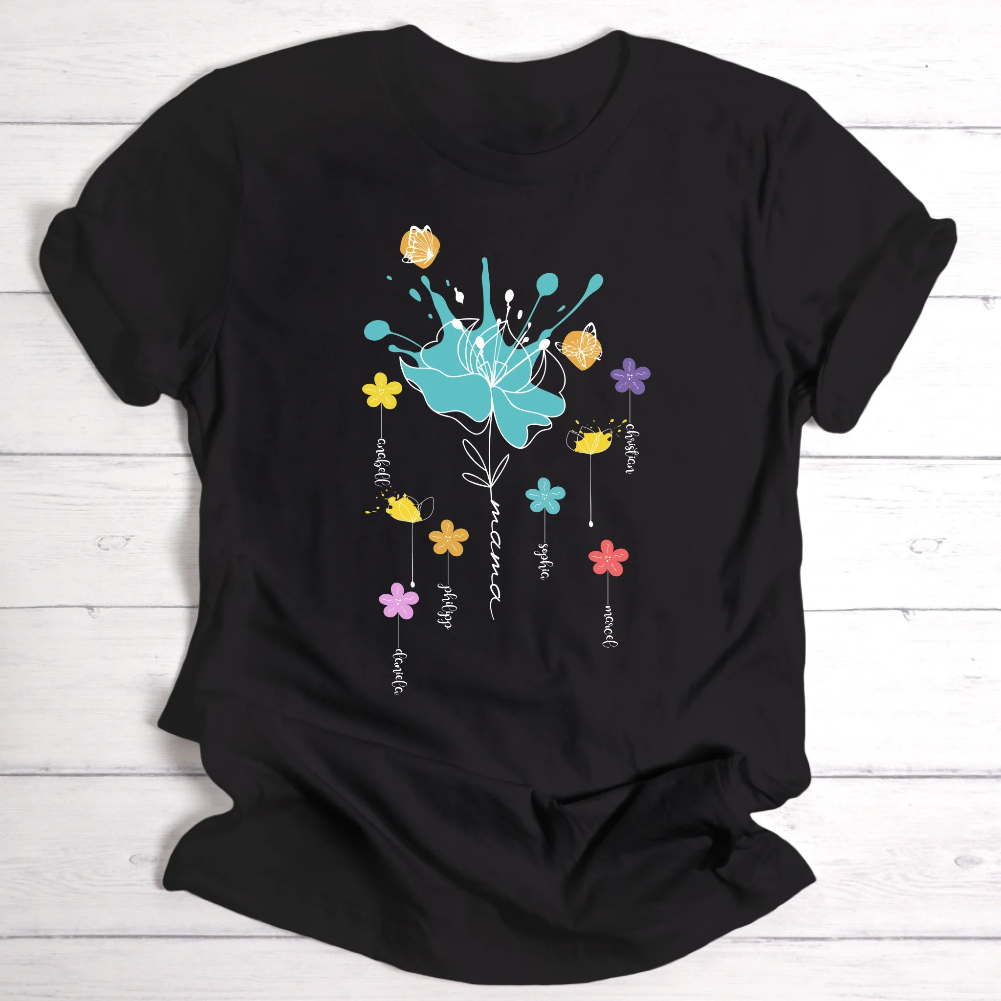 Farbenfrohes buntes Blumen-T-shirt für Mama, Oma, Freundin & Tante perfektes Geschenk zum Geburtstag oder Muttertag - Personalisierbares T-Shirt