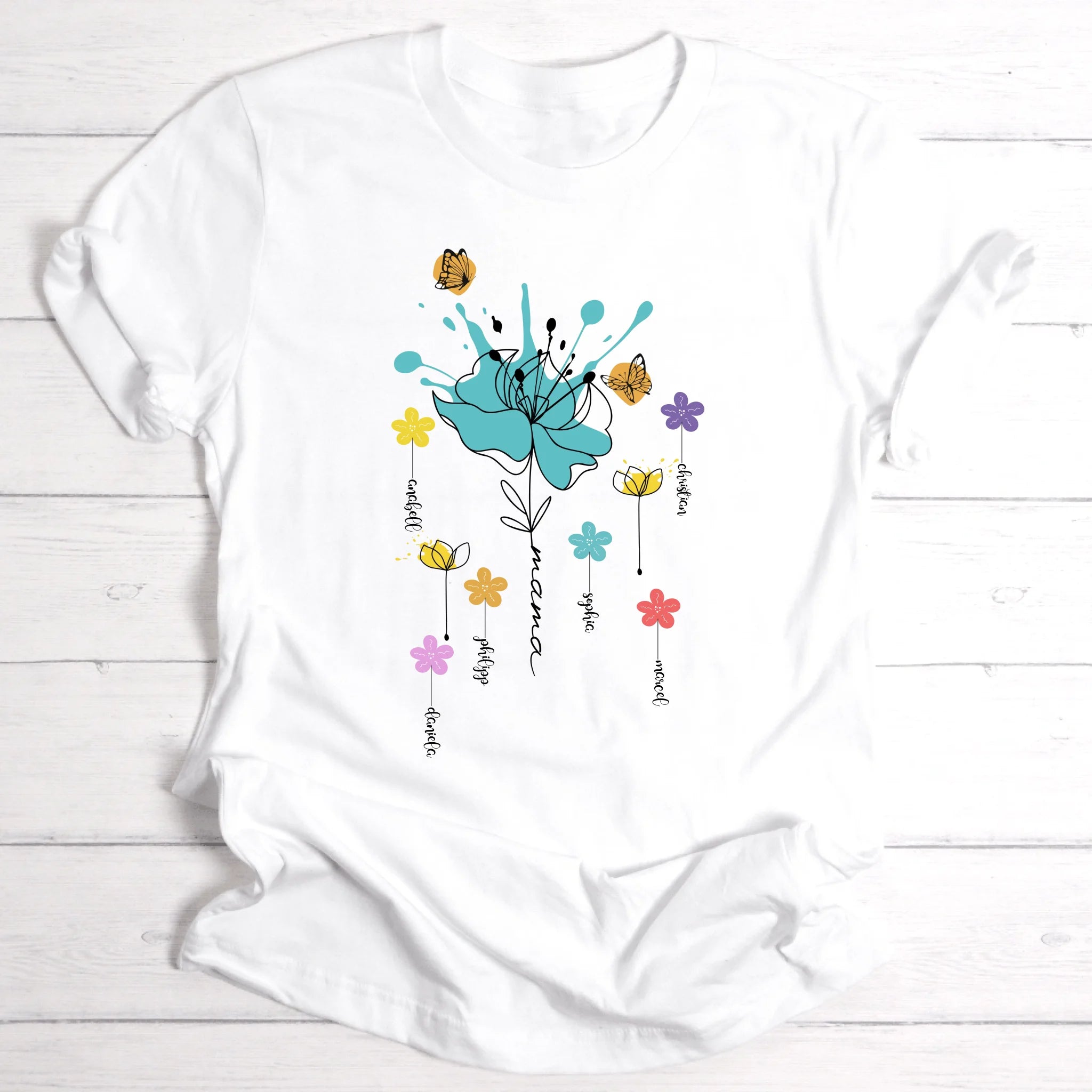 Farbenfrohes buntes Blumen-T-shirt für Mama, Oma, Freundin & Tante perfektes Geschenk zum Geburtstag oder Muttertag - Personalisierbares T-Shirt