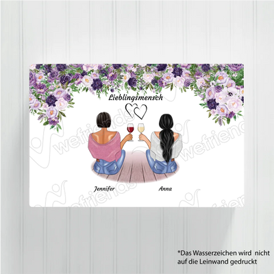 Sitzende Besties lila Blumen - Personalisierbare Leinwand