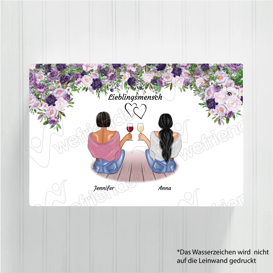 Sitzende Besties lila Blumen - Personalisierbare Leinwand