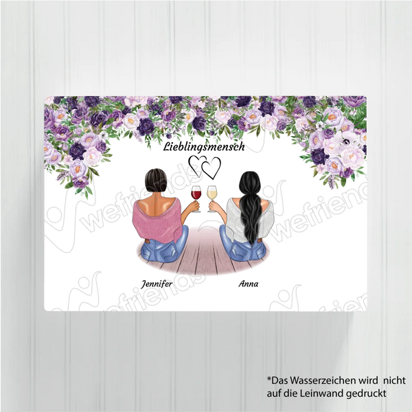 Sitzende Besties lila Blumen - Personalisierbare Leinwand