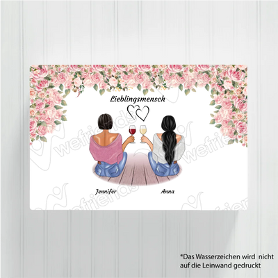 Sitzende Besties rosa Blumen - Personalisierbare Leinwand