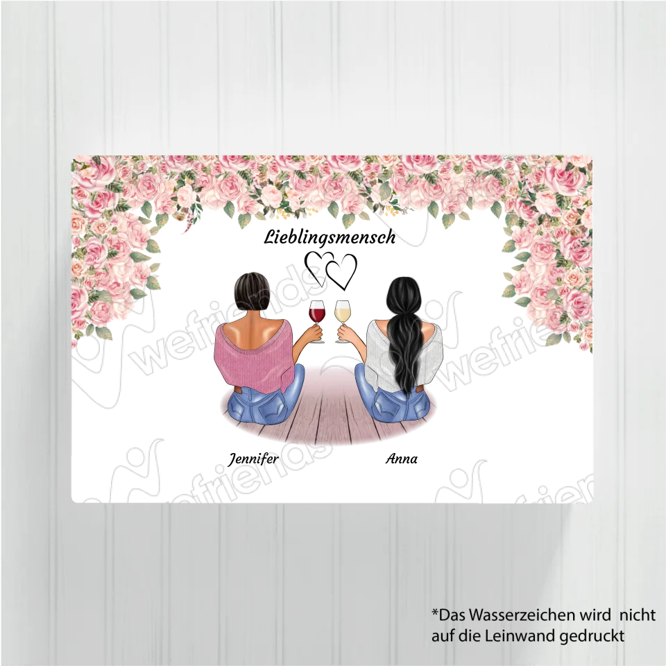 Sitzende Besties rosa Blumen - Personalisierbare Leinwand - wefriends