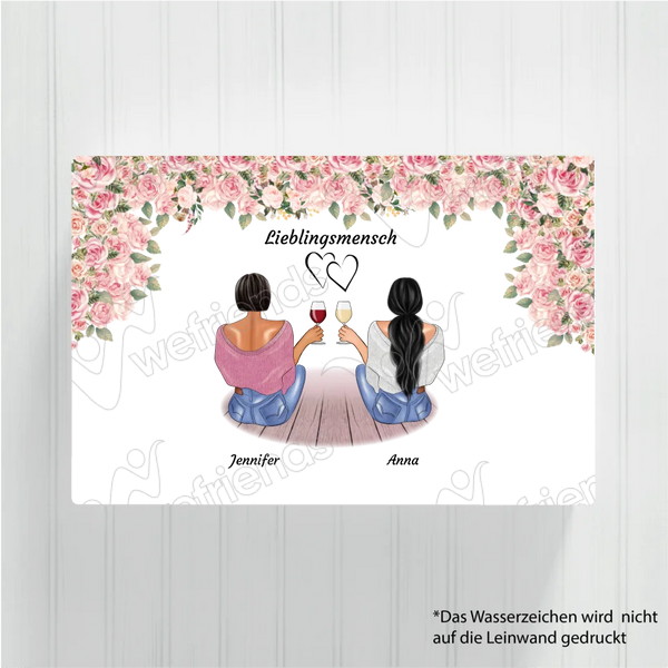 Sitzende Besties rosa Blumen - Personalisierbare Leinwand