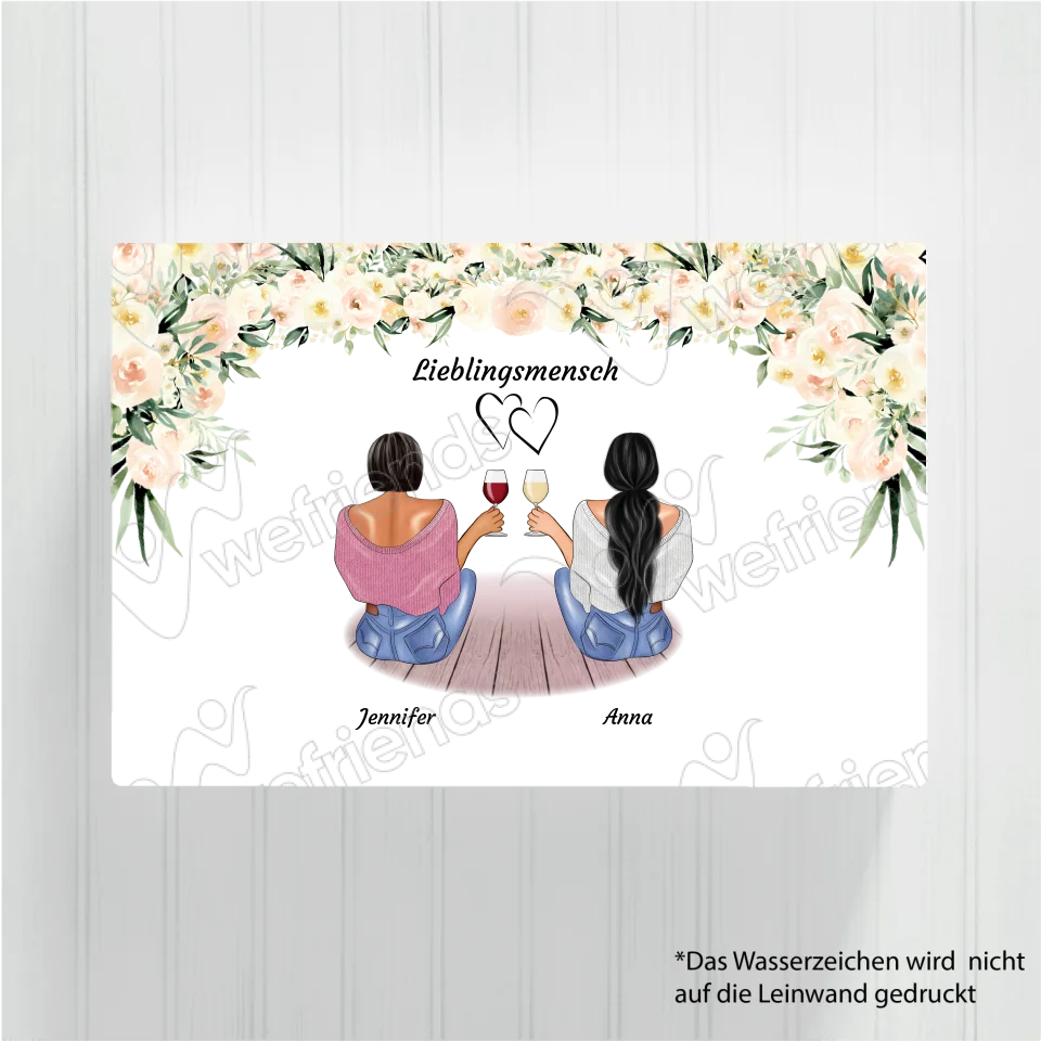 Sitzende Besties helle Blumen - Personalisierbare Leinwand