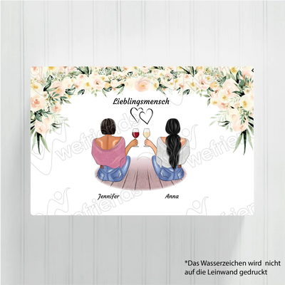 Sitzende Besties helle Blumen - Personalisierbare Leinwand