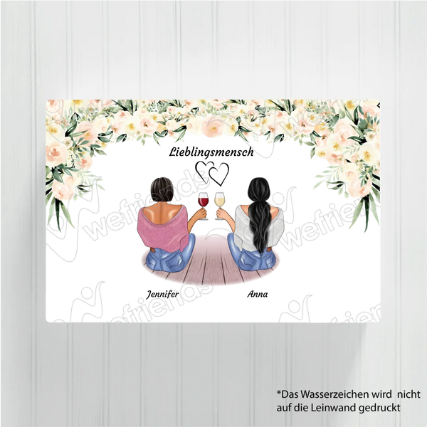 Sitzende Besties helle Blumen - Personalisierbare Leinwand