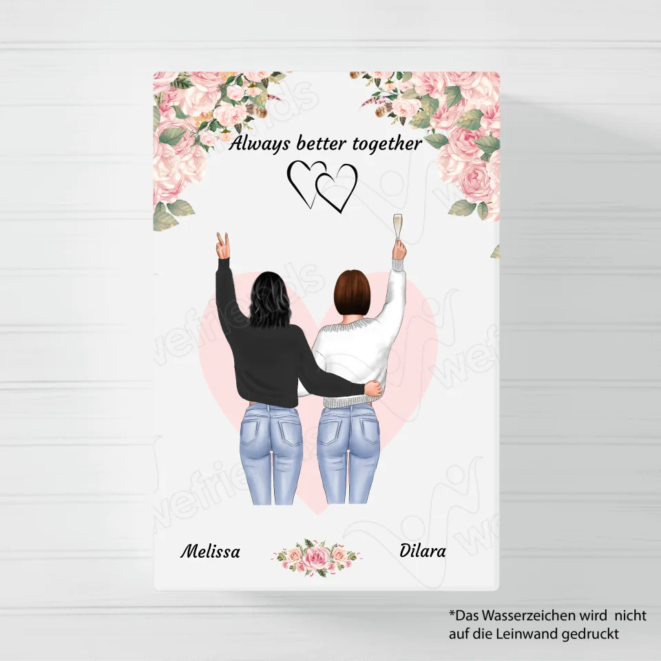 Besties stehend rosa Blumen - Personalisierbare Leinwand - wefriends