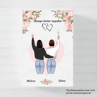 Besties stehend rosa Blumen - Personalisierbare Leinwand