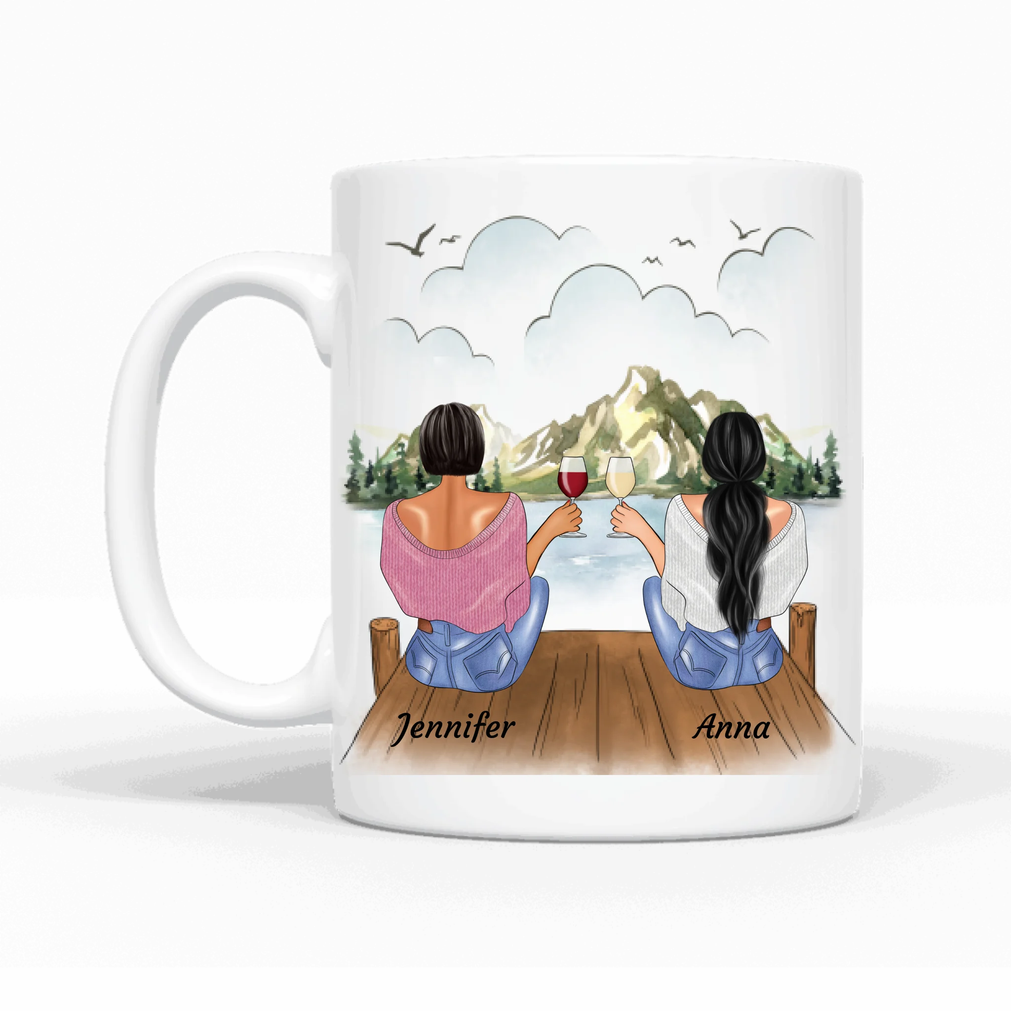 Sitzende Besties am Steg - Personalisierbare Tasse