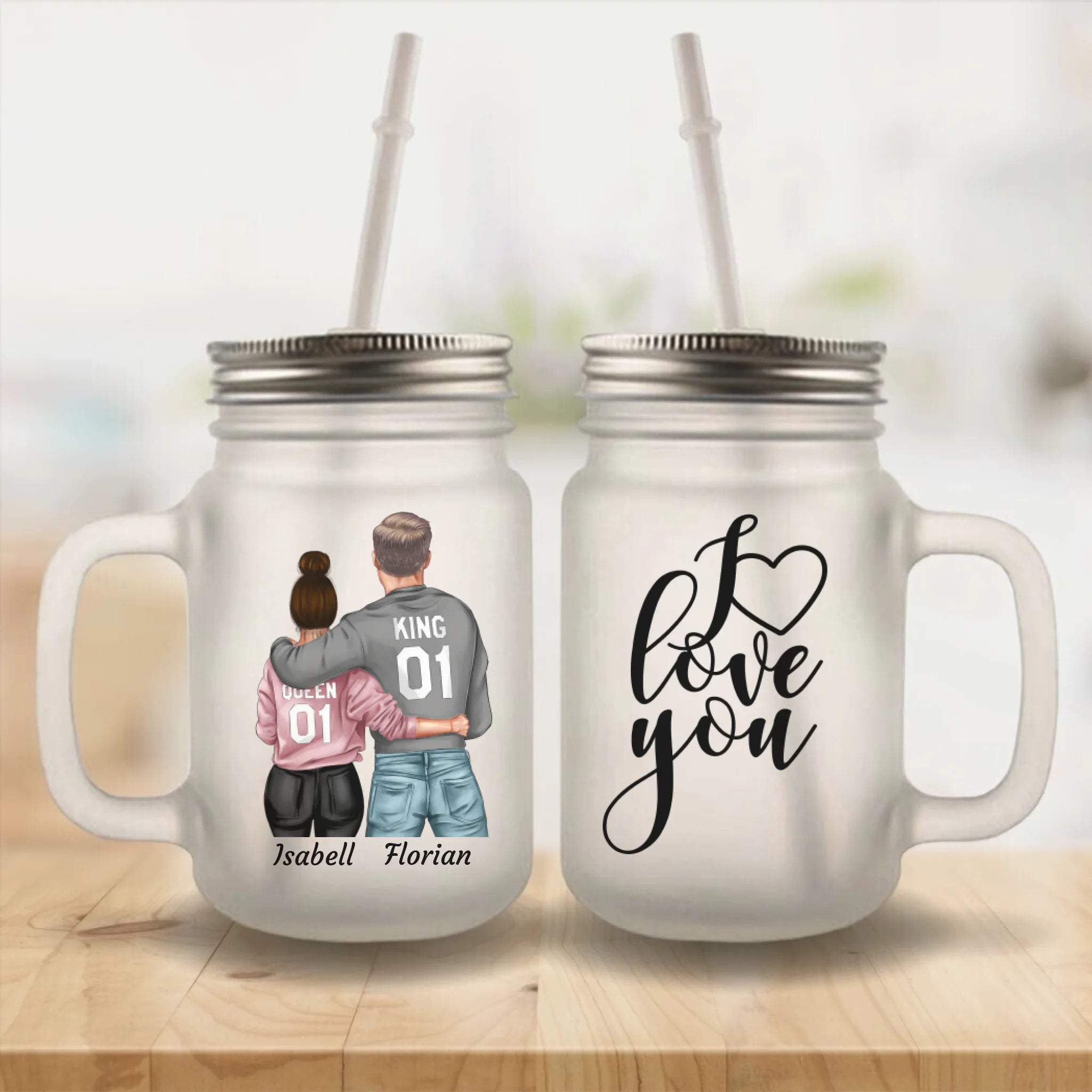 wefriends Personalisiertes Trink Glas Geschenk für Paare - Personalisierbares Henkelglas/Mason Jar -