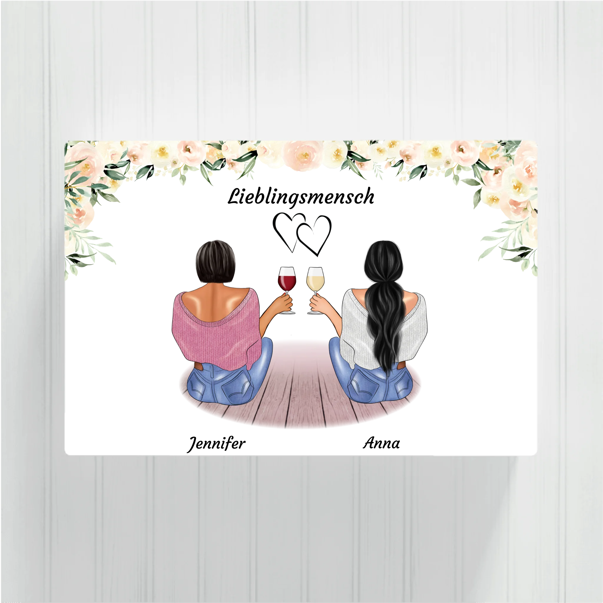 Sitzende Besties helle Blumen - Personalisierbare Leinwand