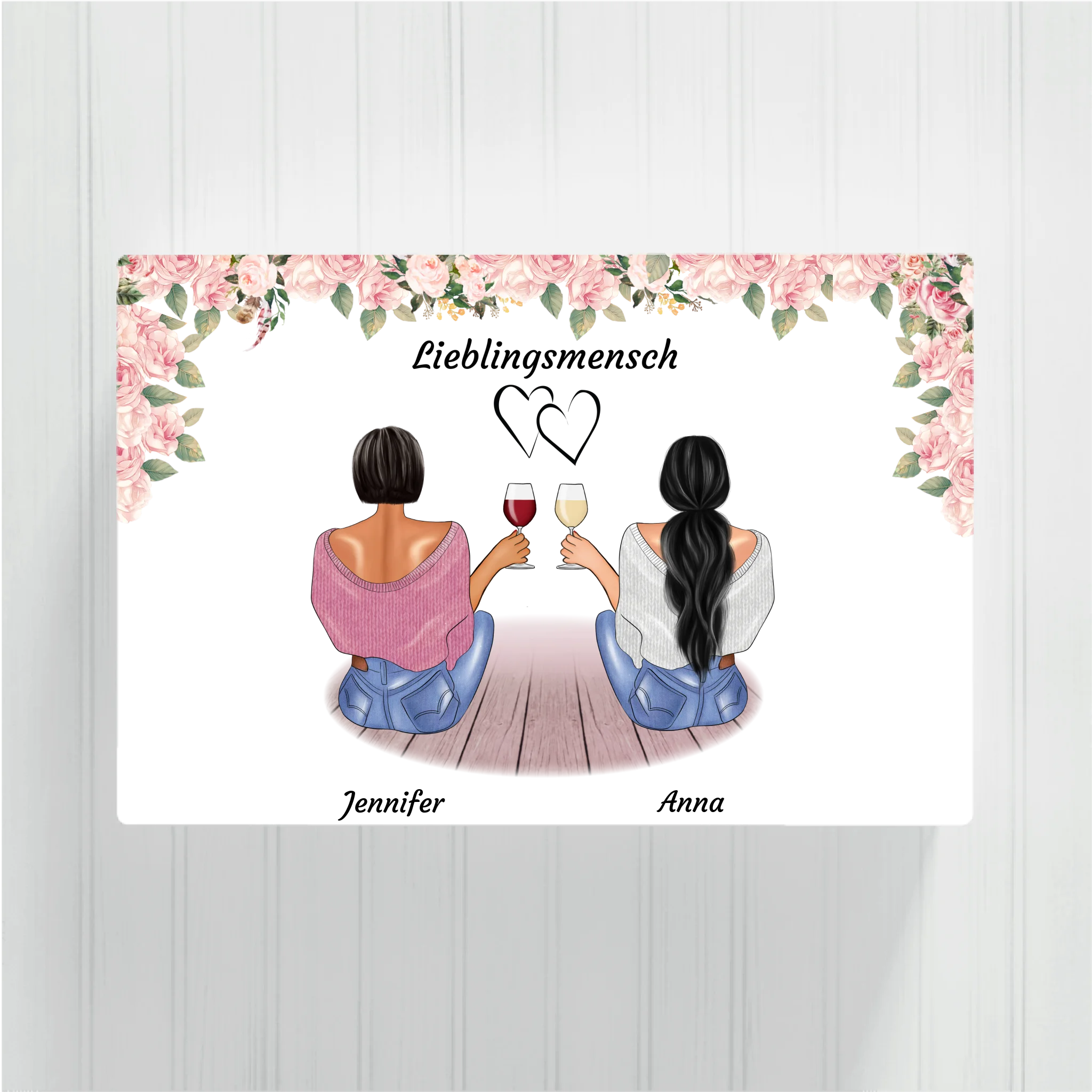 Sitzende Besties rosa Blumen - Personalisierbare Leinwand