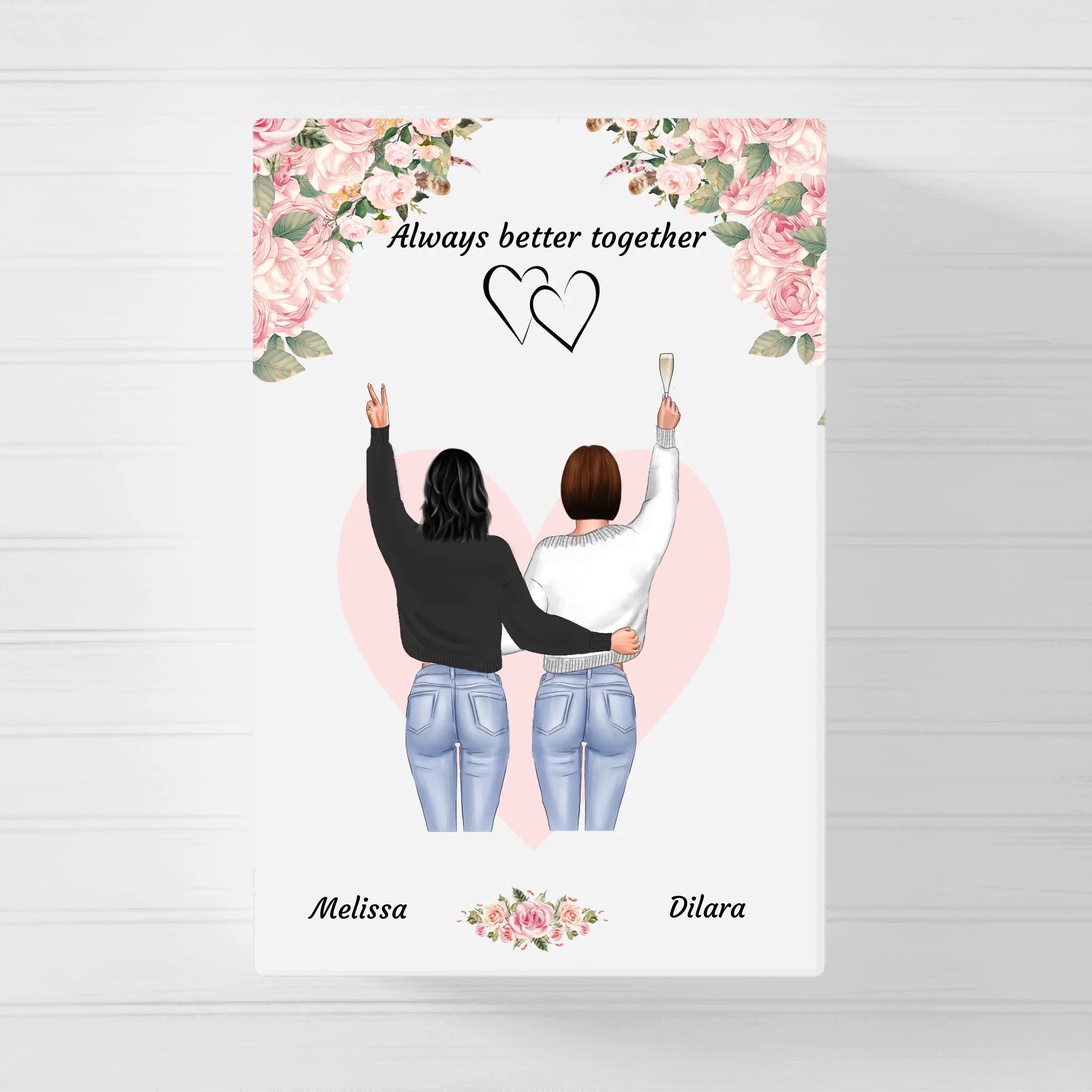 Besties stehend rosa Blumen - Personalisierbare Leinwand