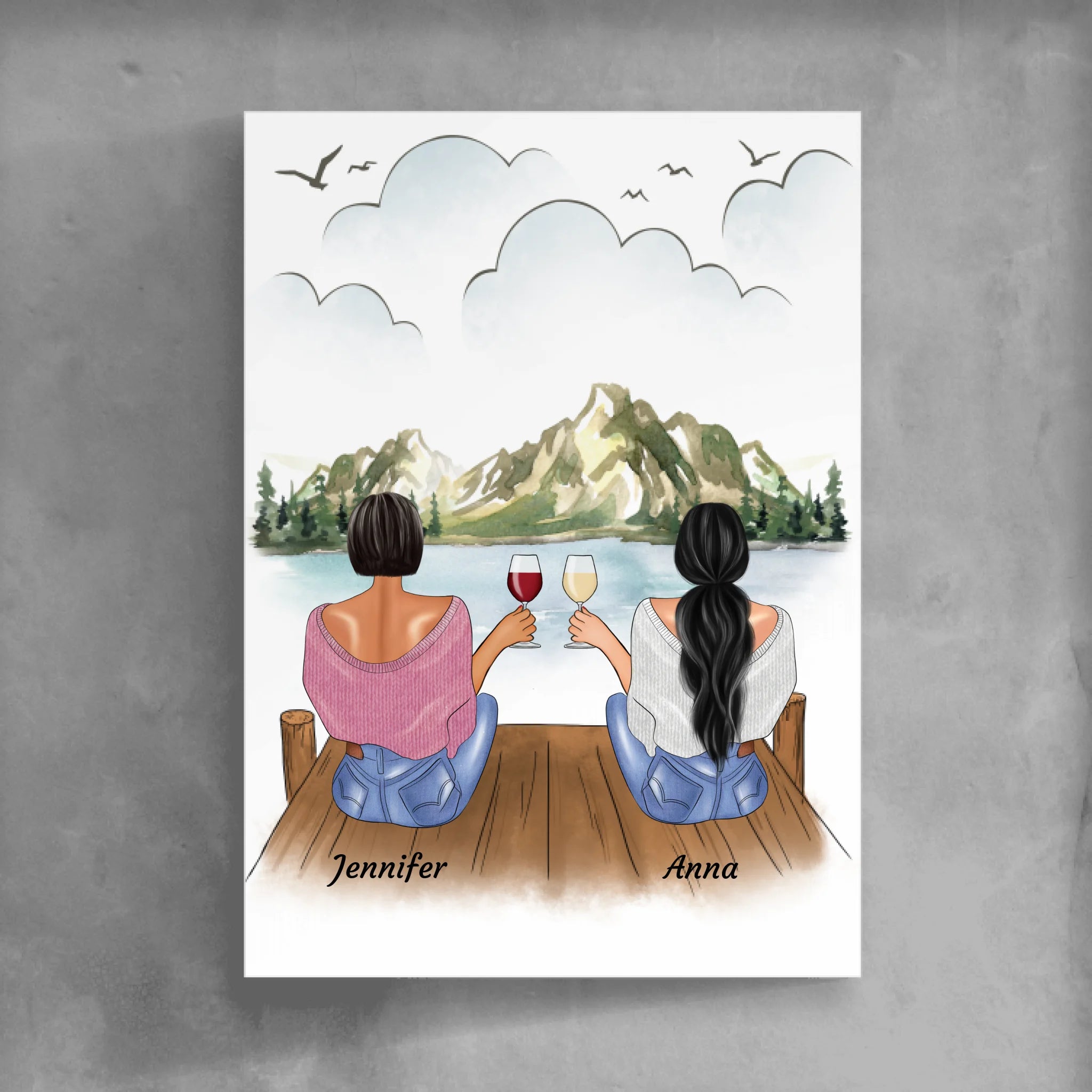 Sitzende Besties am Steg - Personalisierbares Poster