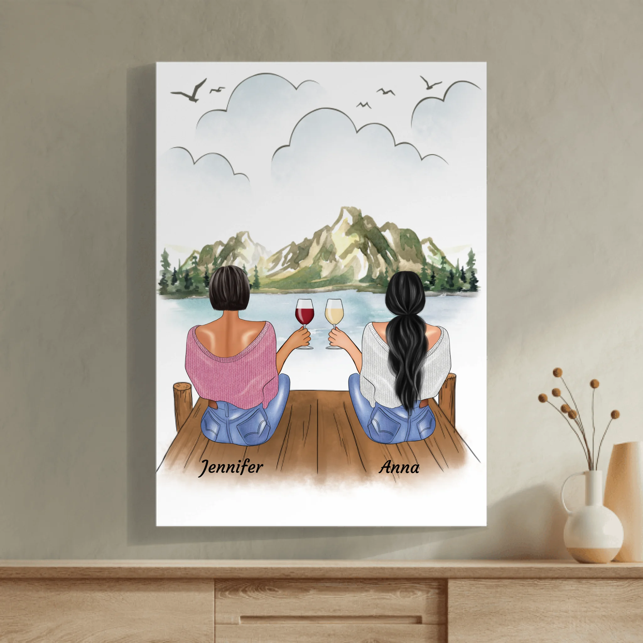 Sitzende Besties am Steg - Personalisierbares Poster