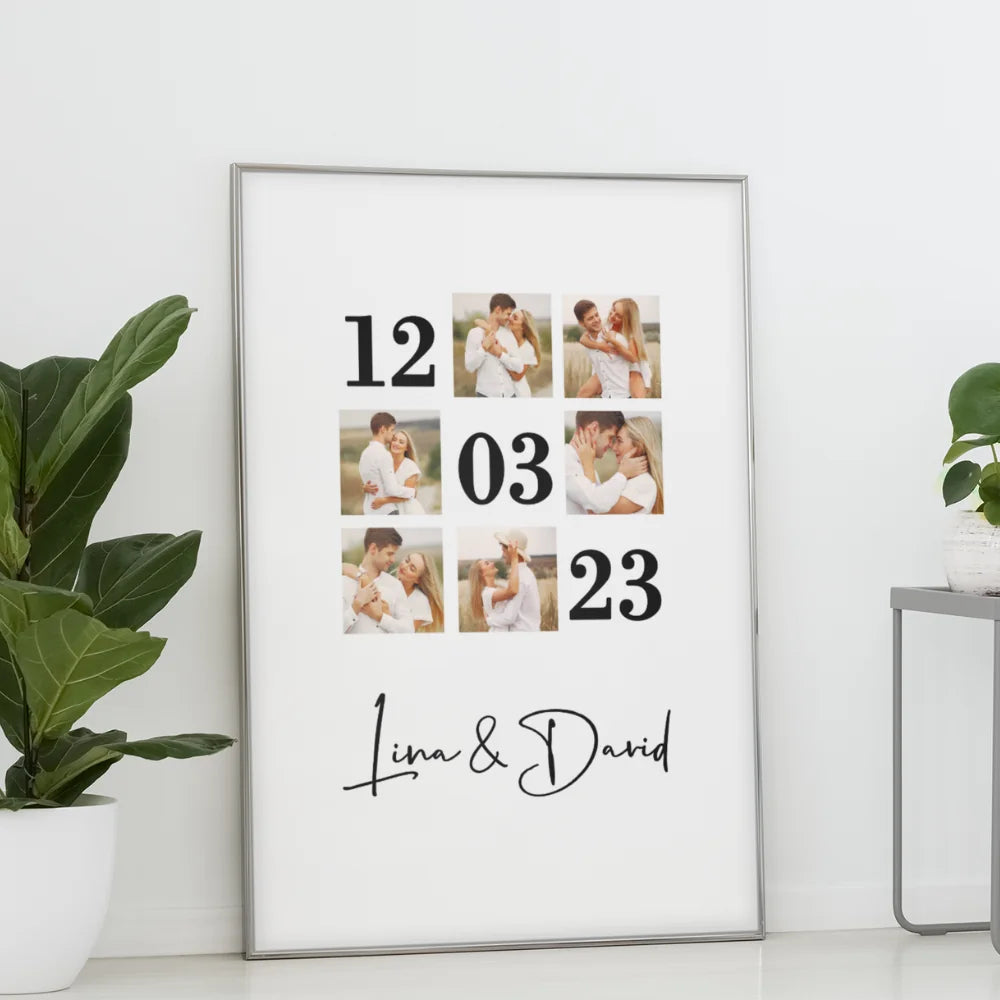 Fotocollage mit Datum und Namen für Paare - personalisierbares Poster