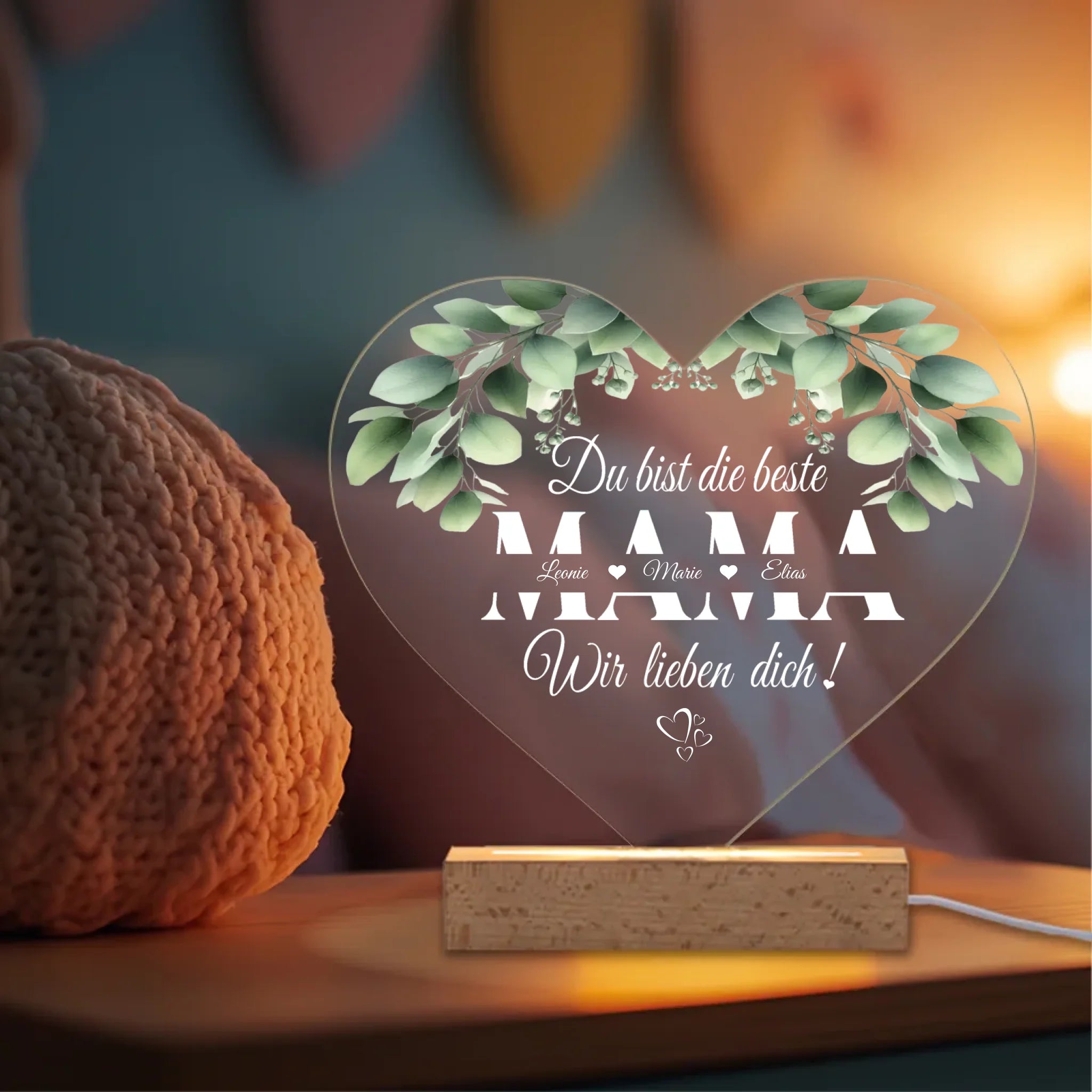 Mama wir lieben dich - personalisierbare herzförmige Acrylglas-Lampe