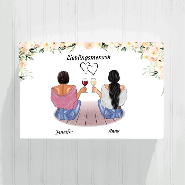 Sitzende Besties helle Blumen - Personalisierbare Leinwand