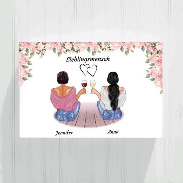 Sitzende Besties rosa Blumen - Personalisierbare Leinwand